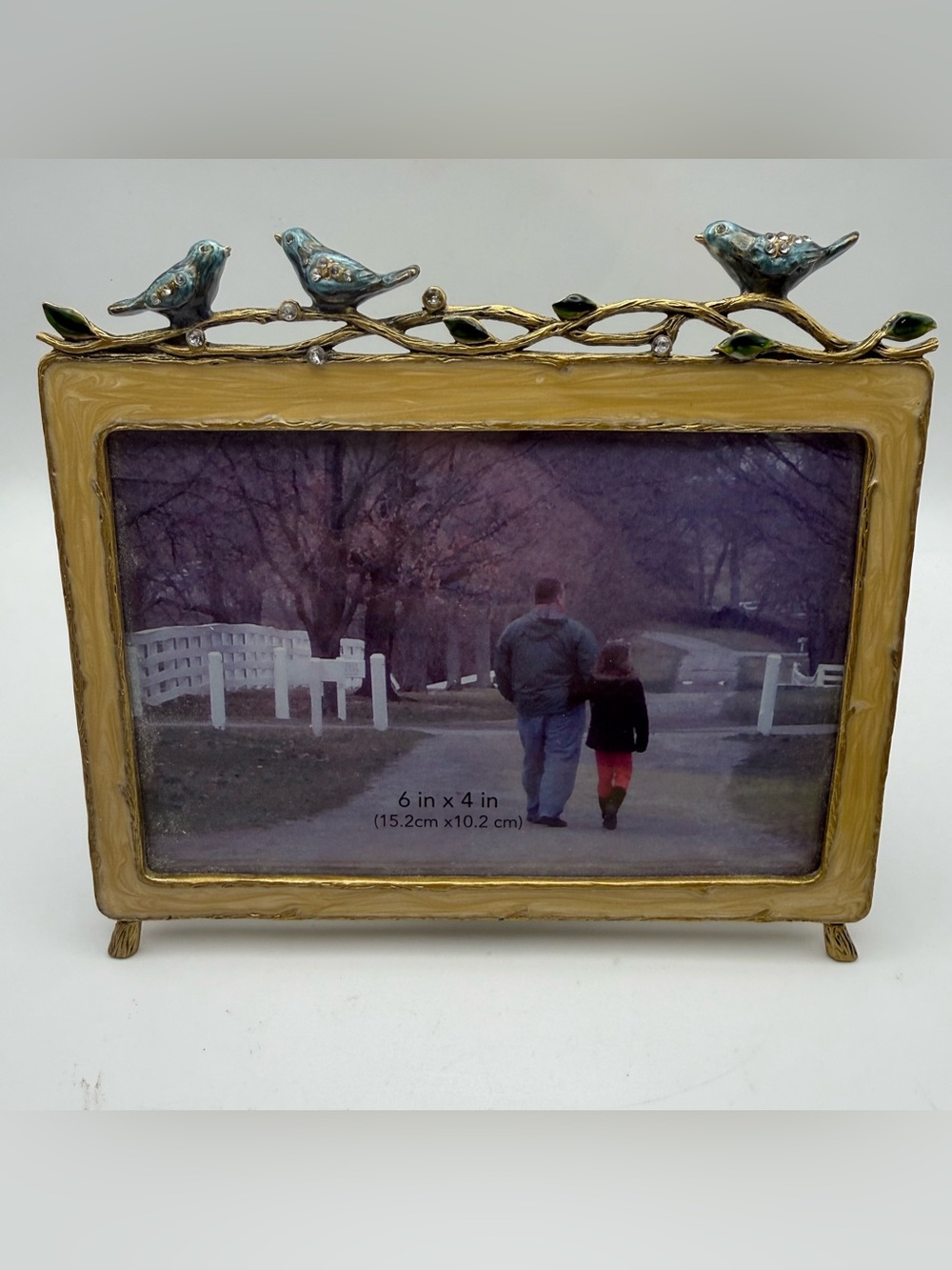 Pier 1 Imports Enameled Metal Bird Picture Frame 4x6 Cottagecore Rhinestone VTG